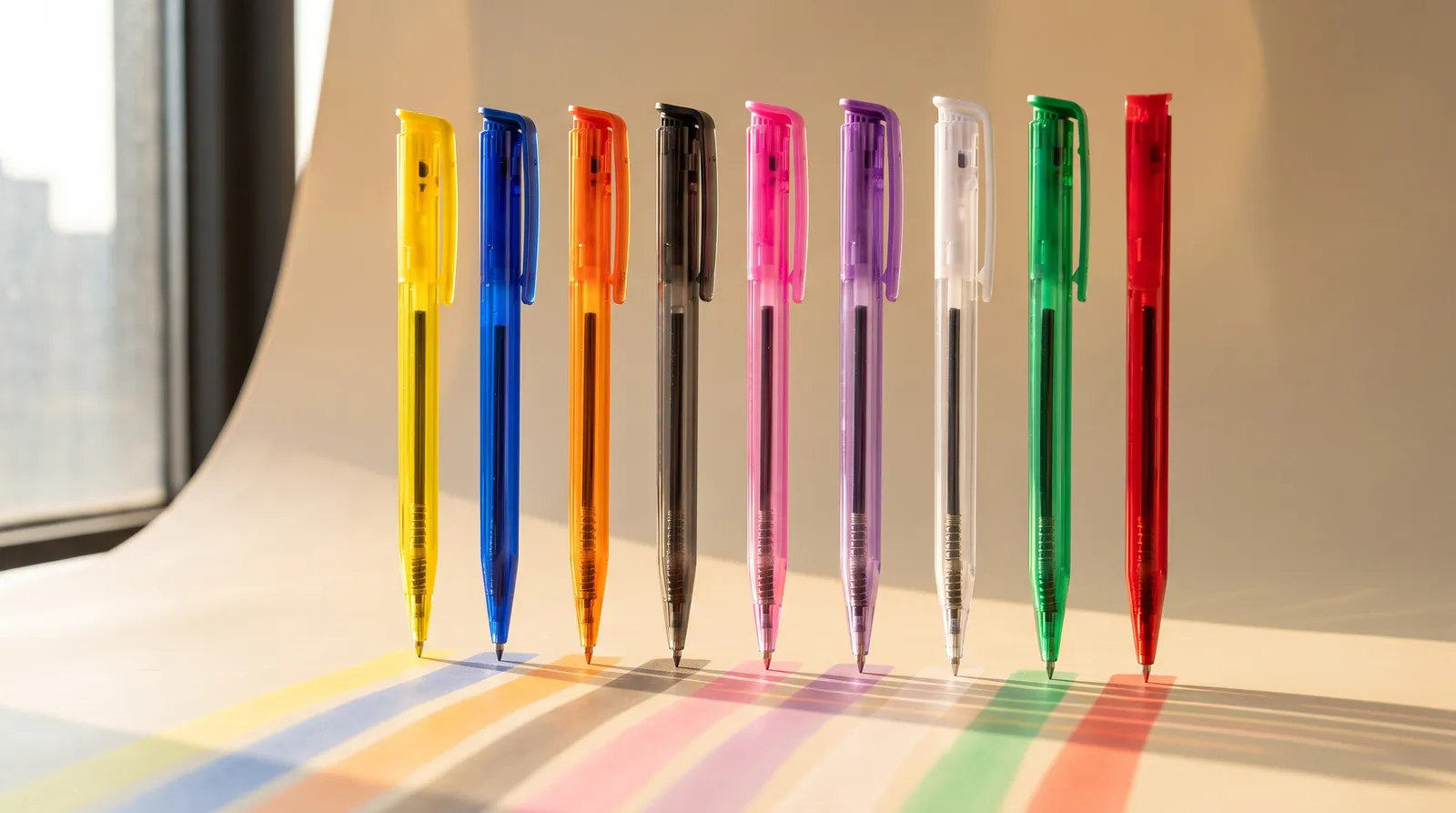 Nove canetas translúcidas coloridas com luz de janela atravessando os corpos
